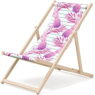 Outentin folding wooden beach lounger - premium wooden deck chair large - for garden, balcony and beach - modern design - wooden folding beach lounger - up to 130 kg pink pineapple motif