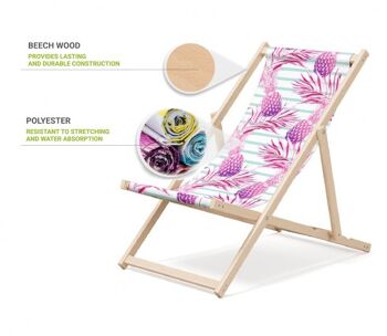 Chaise longue de plage pliante en bois Outentin - chaise longue en bois haut de gamme grande - pour jardin, balcon et plage - design moderne - chaise longue de plage pliante en bois - jusqu'à 130 kg motif ananas rose 3