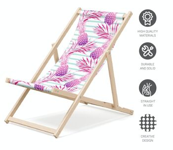 Chaise longue de plage pliante en bois Outentin - chaise longue en bois haut de gamme grande - pour jardin, balcon et plage - design moderne - chaise longue de plage pliante en bois - jusqu'à 130 kg motif ananas rose 4