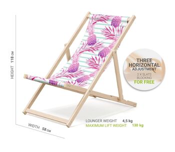 Chaise longue de plage pliante en bois Outentin - transat en bois haut de gamme grand - pour jardin, balcon et plage - design moderne - chaise longue pliante transat - jusqu'à 130 kg motif Ananas rose 2