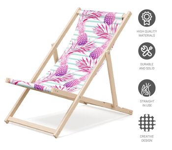 Chaise longue de plage pliante en bois Outentin - transat en bois haut de gamme grand - pour jardin, balcon et plage - design moderne - chaise longue pliante transat - jusqu'à 130 kg motif Ananas rose 4