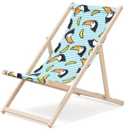 Outentin folding wooden beach lounger - premium wooden deck chair large - for garden, balcony and beach - modern design - wooden folding beach lounger - up to 130 kg parrot motif