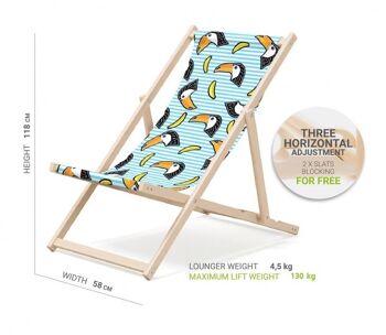Chaise longue de plage pliante en bois Outentin - chaise longue en bois haut de gamme grande - pour jardin, balcon et plage - design moderne - chaise longue de plage pliante en bois - jusqu'à 130 kg motif perroquet 2
