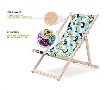 Chaise longue de plage pliante en bois Outentin - chaise longue en bois haut de gamme grande - pour jardin, balcon et plage - design moderne - chaise longue de plage pliante en bois - jusqu'à 130 kg motif perroquet 3