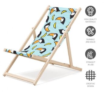 Chaise longue de plage pliante en bois Outentin - chaise longue en bois haut de gamme grande - pour jardin, balcon et plage - design moderne - chaise longue de plage pliante en bois - jusqu'à 130 kg motif perroquet 4