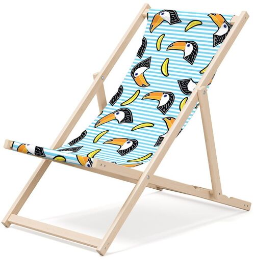 Outentin folding wooden beach lounger - premium wooden deckchair large - for garden, balcony and beach - modern design - folding sunlounger sunbed- up to 130 kg motif Parrot