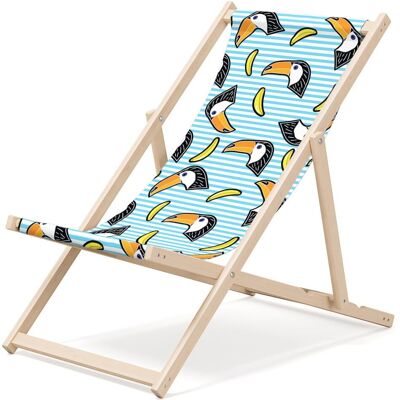Lettino da spiaggia pieghevole in legno Outentin - sedia a sdraio grande in legno premium - per giardino, balcone e spiaggia - design moderno - lettino prendisole pieghevole - fino a 130 kg motivo Parrot