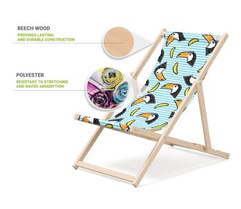 Chaise longue de plage pliante en bois Outentin - transat en bois haut de gamme grand - pour jardin, balcon et plage - design moderne - chaise longue pliante transat - jusqu'à 130 kg motif Perroquet 3