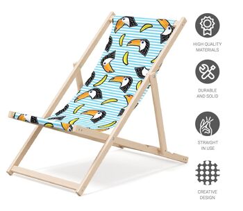 Chaise longue de plage pliante en bois Outentin - transat en bois haut de gamme grand - pour jardin, balcon et plage - design moderne - chaise longue pliante transat - jusqu'à 130 kg motif Perroquet 4