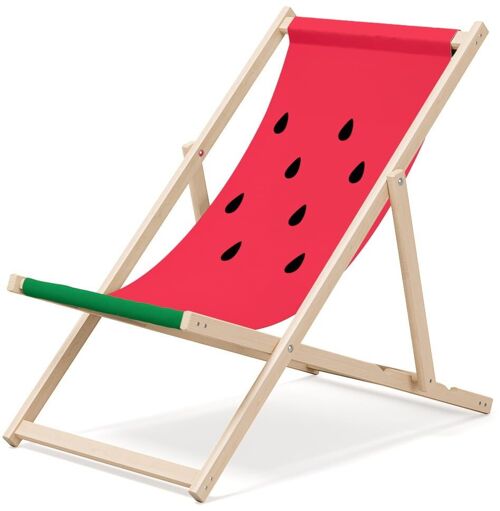 Outentin folding wooden beach lounger - premium wooden deckchair large - for garden, balcony and beach - modern design - folding sunlounger sunbed- up to 130 kg motif Watermelon