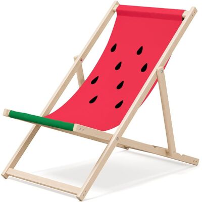 Outentin folding wooden beach lounger - premium wooden deckchair large - for garden, balcony and beach - modern design - folding sunlounger sunbed- up to 130 kg motif Watermelon