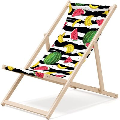 Chaise longue de plage pliante en bois Outentin - transat en bois haut de gamme grand - pour jardin, balcon et plage - design moderne - chaise longue pliante transat - jusqu'à 130 kg motif fruit