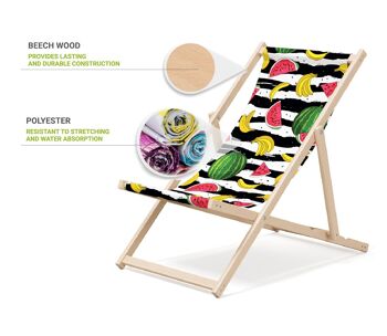 Chaise longue de plage pliante en bois Outentin - transat en bois haut de gamme grand - pour jardin, balcon et plage - design moderne - chaise longue pliante transat - jusqu'à 130 kg motif fruit 3