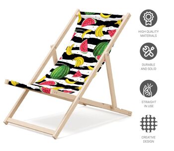 Chaise longue de plage pliante en bois Outentin - transat en bois haut de gamme grand - pour jardin, balcon et plage - design moderne - chaise longue pliante transat - jusqu'à 130 kg motif fruit 4