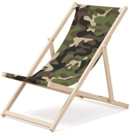 Outentin folding wooden beach lounger - premium wooden deck chair large - for garden, balcony and beach - modern design - wooden folding beach lounger - up to 130 kg camouflage motif