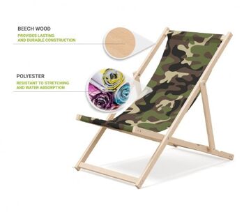 Chaise longue de plage pliante en bois Outentin - chaise longue en bois haut de gamme grande - pour jardin, balcon et plage - design moderne - chaise longue de plage pliante en bois - jusqu'à 130 kg motif camouflage 3