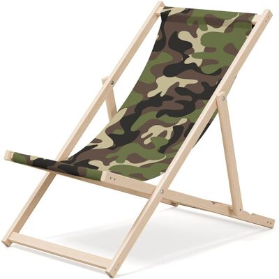 Outentin Klappbare Strandliege Holz - Premium Holz Liegestuhl Groß - für Garten, Balkon und Strand - Modernes Design - Klappbare Sonnenliege Sonnenbett - Bis 130 kg Motiv Camouflage