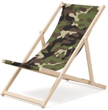 Chaise longue de plage pliante en bois Outentin - transat en bois haut de gamme grand - pour jardin, balcon et plage - design moderne - chaise longue pliante transat - jusqu'à 130 kg motif camouflage 1