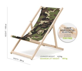 Chaise longue de plage pliante en bois Outentin - transat en bois haut de gamme grand - pour jardin, balcon et plage - design moderne - chaise longue pliante transat - jusqu'à 130 kg motif camouflage 2