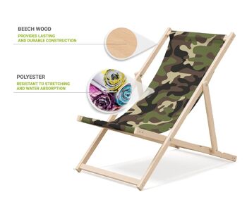 Chaise longue de plage pliante en bois Outentin - transat en bois haut de gamme grand - pour jardin, balcon et plage - design moderne - chaise longue pliante transat - jusqu'à 130 kg motif camouflage 3