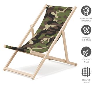 Chaise longue de plage pliante en bois Outentin - transat en bois haut de gamme grand - pour jardin, balcon et plage - design moderne - chaise longue pliante transat - jusqu'à 130 kg motif camouflage 4