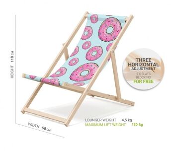 Chaise longue de plage pliante en bois Outentin - chaise longue en bois haut de gamme grande - pour jardin, balcon et plage - design moderne - chaise longue de plage pliante en bois - jusqu'à 130 kg motif beignet 2