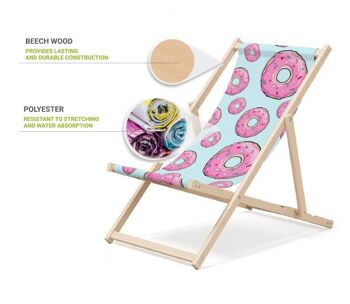 Chaise longue de plage pliante en bois Outentin - chaise longue en bois haut de gamme grande - pour jardin, balcon et plage - design moderne - chaise longue de plage pliante en bois - jusqu'à 130 kg motif beignet 3