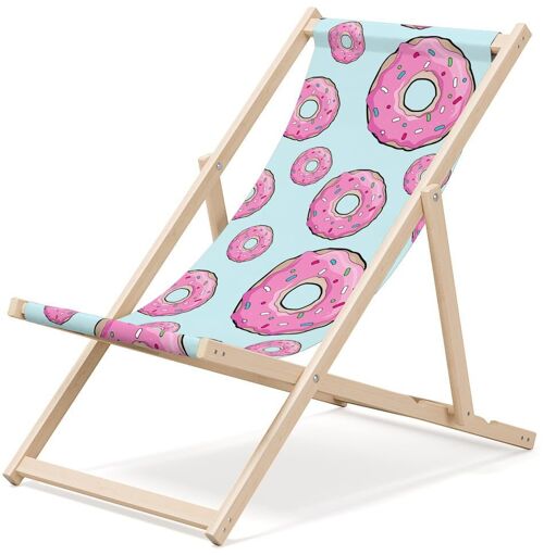 Outentin folding wooden beach lounger - premium wooden deckchair large - for garden, balcony and beach - modern design - folding sunlounger sunbed- up to 130 kg motif donuts