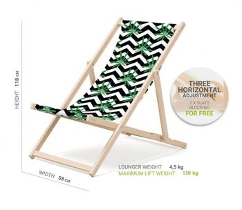 Chaise longue de plage pliante en bois Outentin - chaise longue en bois haut de gamme grande - pour jardin, balcon et plage - design moderne - chaise longue de plage pliante en bois - jusqu'à 130 kg motif feuilles 2