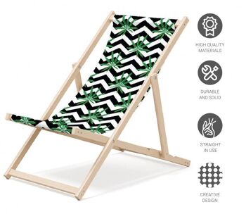 Chaise longue de plage pliante en bois Outentin - chaise longue en bois haut de gamme grande - pour jardin, balcon et plage - design moderne - chaise longue de plage pliante en bois - jusqu'à 130 kg motif feuilles 4