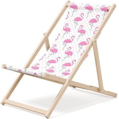 Outentin folding wooden beach lounger - premium wooden deck chair large - for garden, balcony and beach - modern design - wooden folding beach lounger - up to 130 kg pink flamingo motif