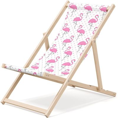 Outentin folding wooden beach lounger - premium wooden deckchair large - for garden, balcony and beach - modern design - folding sunlounger sunbed- up to 130 kg motif Pink flamingo