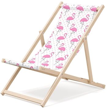 Chaise longue de plage pliante en bois Outentin - transat en bois haut de gamme grand - pour jardin, balcon et plage - design moderne - chaise longue pliante transat - jusqu'à 130 kg motif Flamant rose 1