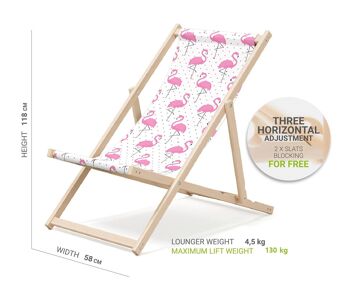 Chaise longue de plage pliante en bois Outentin - transat en bois haut de gamme grand - pour jardin, balcon et plage - design moderne - chaise longue pliante transat - jusqu'à 130 kg motif Flamant rose 2