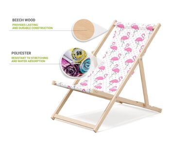 Chaise longue de plage pliante en bois Outentin - transat en bois haut de gamme grand - pour jardin, balcon et plage - design moderne - chaise longue pliante transat - jusqu'à 130 kg motif Flamant rose 3