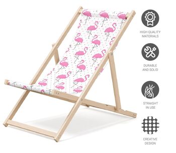 Chaise longue de plage pliante en bois Outentin - transat en bois haut de gamme grand - pour jardin, balcon et plage - design moderne - chaise longue pliante transat - jusqu'à 130 kg motif Flamant rose 4