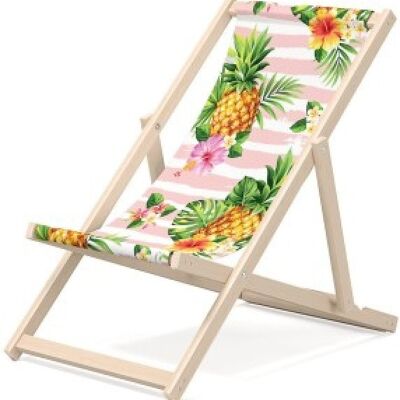 Outentin klappbare Strandliege aus Holz – Premium Holz Liegestuhl groß – für Garten, Balkon und Strand – modernes Design – klappbare Strandliege aus Holz – bis 130 kg Ananas Motiv