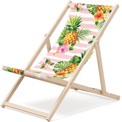Outentin folding wooden beach lounger - premium wooden deckchair large - for garden, balcony and beach - modern design - folding sunlounger sunbed- up to 130 kg motif pineapple