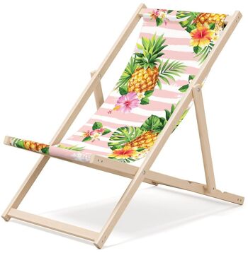Chaise longue de plage pliante en bois Outentin - transat en bois haut de gamme grand - pour jardin, balcon et plage - design moderne - chaise longue pliante transat - jusqu'à 130 kg motif ananas 1