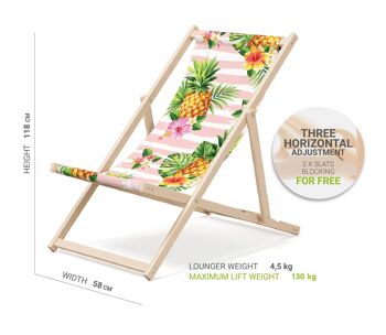 Chaise longue de plage pliante en bois Outentin - transat en bois haut de gamme grand - pour jardin, balcon et plage - design moderne - chaise longue pliante transat - jusqu'à 130 kg motif ananas 2