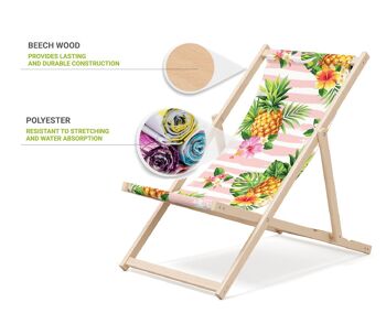 Chaise longue de plage pliante en bois Outentin - transat en bois haut de gamme grand - pour jardin, balcon et plage - design moderne - chaise longue pliante transat - jusqu'à 130 kg motif ananas 3