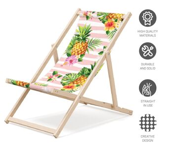 Chaise longue de plage pliante en bois Outentin - transat en bois haut de gamme grand - pour jardin, balcon et plage - design moderne - chaise longue pliante transat - jusqu'à 130 kg motif ananas 4