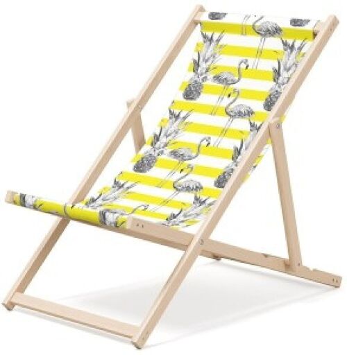 Outentin folding wooden beach lounger - premium wooden deck chair large - for garden, balcony and beach - modern design - wooden folding beach lounger - up to 130 kg yellow flamingo motif