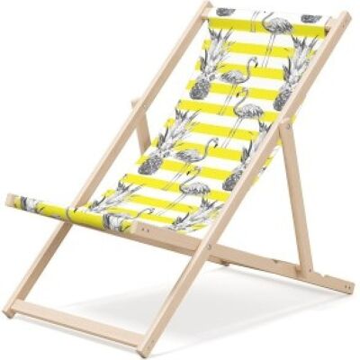 Outentin klappbare Strandliege aus Holz – Premium Holz Liegestuhl groß – für Garten, Balkon und Strand – modernes Design – klappbare Strandliege aus Holz – bis 130 kg gelbes Flamingo Motiv