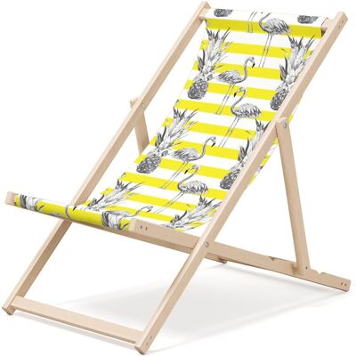 Outentin Klappbare Strandliege aus Holz - Premium Holz Liegestuhl groß - für Garten, Balkon und Strand - Modernes Design - Klappbare Sonnenliege Sonnenbett - bis 130 kg Motiv Gelber Flamingo