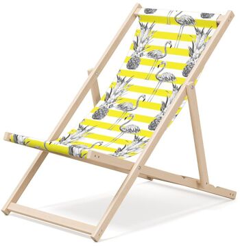 Chaise longue de plage pliante en bois Outentin - transat en bois haut de gamme grand - pour jardin, balcon et plage - design moderne - chaise longue pliante transat - jusqu'à 130 kg motif Flamant jaune 1