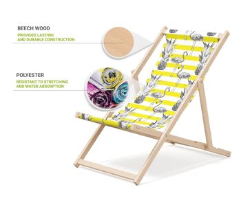 Chaise longue de plage pliante en bois Outentin - transat en bois haut de gamme grand - pour jardin, balcon et plage - design moderne - chaise longue pliante transat - jusqu'à 130 kg motif Flamant jaune 3
