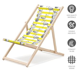Chaise longue de plage pliante en bois Outentin - transat en bois haut de gamme grand - pour jardin, balcon et plage - design moderne - chaise longue pliante transat - jusqu'à 130 kg motif Flamant jaune 4