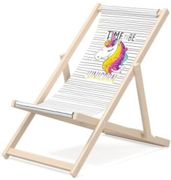 Chaise longue de plage pliante en bois Outentin - chaise longue en bois haut de gamme grande - pour jardin, balcon et plage - design moderne - chaise longue de plage pliante en bois - jusqu'à 130 kg motif licorne 1