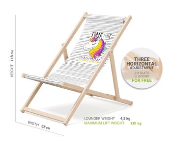 Chaise longue de plage pliante en bois Outentin - chaise longue en bois haut de gamme grande - pour jardin, balcon et plage - design moderne - chaise longue de plage pliante en bois - jusqu'à 130 kg motif licorne 2